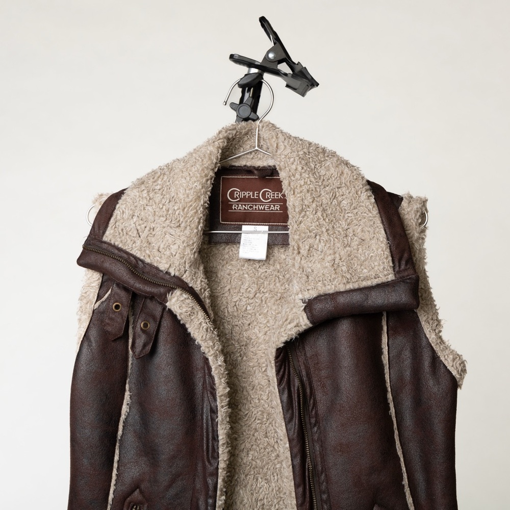 Double D Ranch Brown Leather Poly Shearling Vest with Cream Faux Sherpa Lining